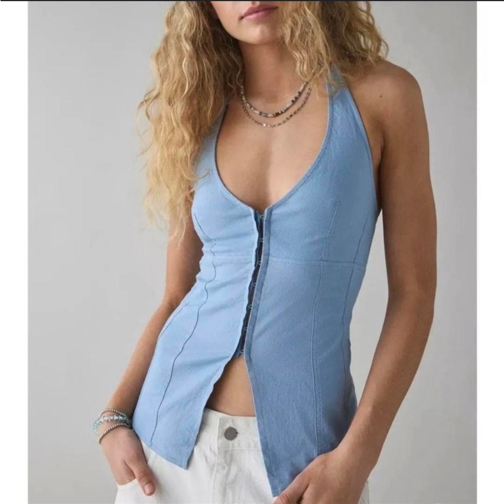 NWT Urban Outfitters Sari Seamed Linen-Blend Halter Vest Top In Blue Size Medium